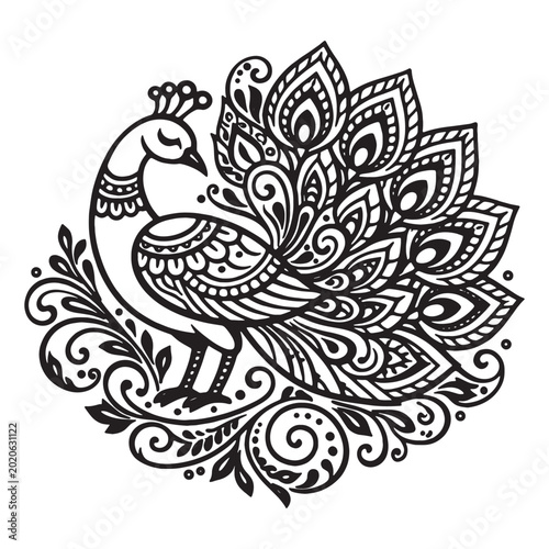 Ornate peacock bird illustration with detailed mehndi henna mandala patterns
