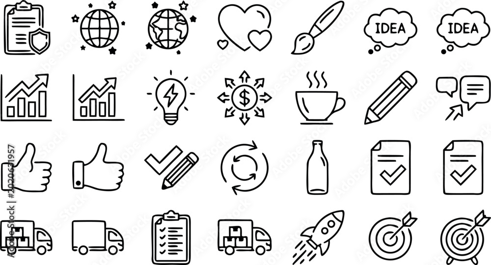 Naklejka premium Business startup logistics marketing strategy and corporate social responsibility minimal line vector icon set,