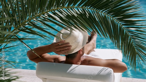Man relaxes by poolside, shaded by palm fronds