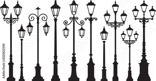Fotografie Old street lamp black silhouette, city vintage