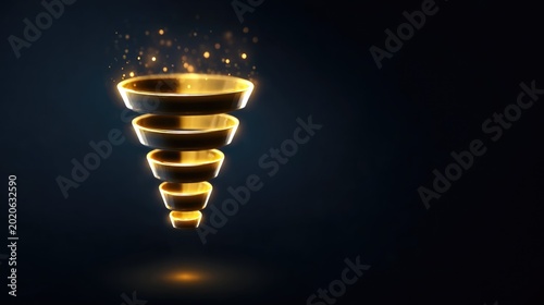 Abstract golden funnel with glowing particles in a dark background creating an elegant visual flow and sophistication