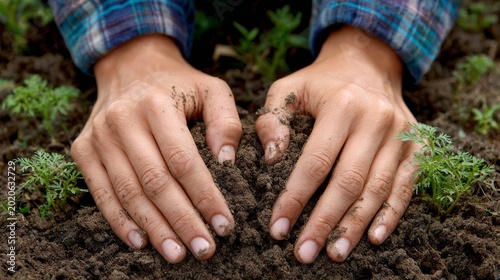 Hands press into rich, dark soil beside young green shoots