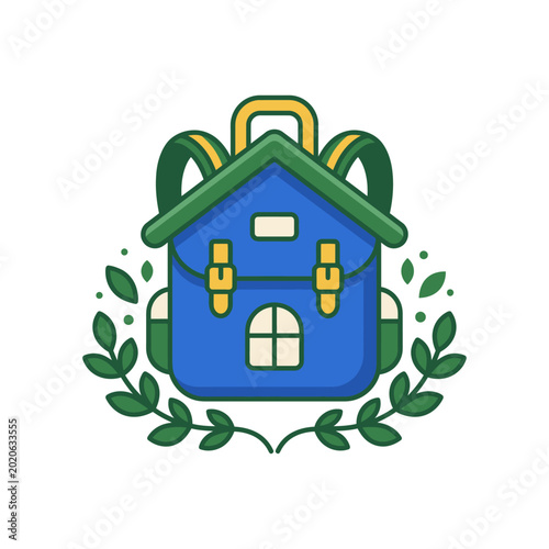Blue school bag with green roof and branches, concept for education and learning