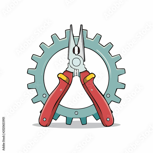 Colorful illustration of pliers and gear wheel tools