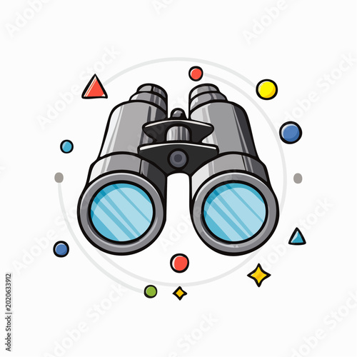Colorful cartoon binoculars illustration with geometric shapes