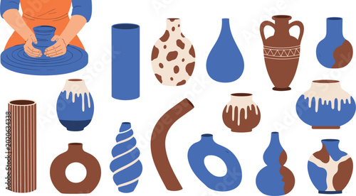 Schilderij op canvas Ceramic Pottery Vector Set with Handmade Clay Vases, Decorative Pots and Artisan