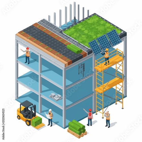 Construction site with workers and building materials.