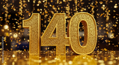 A glittering gold number 140 stands out against a dark background, surrounded by sparkling confetti and golden lights.