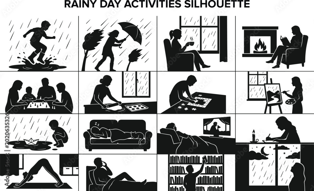 Αυτοκόλλητο Rainy day activities silhouette set featuring people reading, playing games, exe