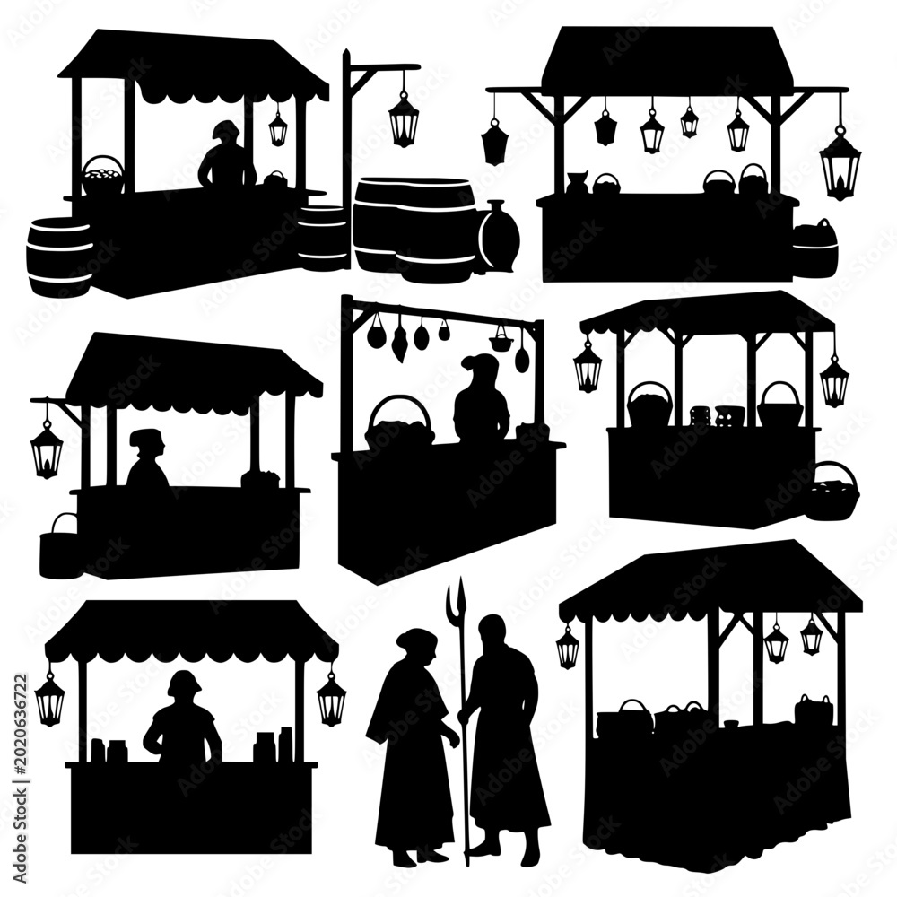 Obraz premium Silhouettes of medieval market stalls merchants and characters on white background