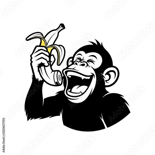 Photography Funny cartoon monkey holding a banana like a telephone