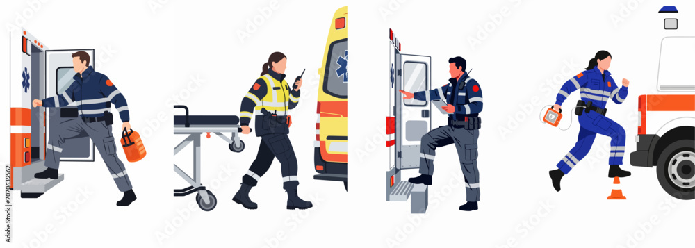 Fototapeta premium Emergency Medical Services Flat Vector Illustrations of Paramedics with Ambulance Stretcher and Defibrillator
