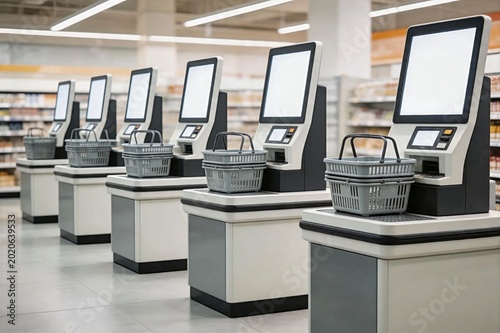 Self Checkout Area With Shopping Baskets
