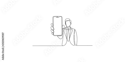Fotografija A minimalist line drawing of a man in a business suit holding up a smartphone to