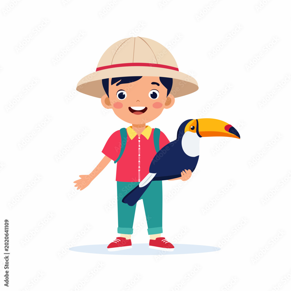 Obraz premium Boy in Safari Hat Holding a Toucan