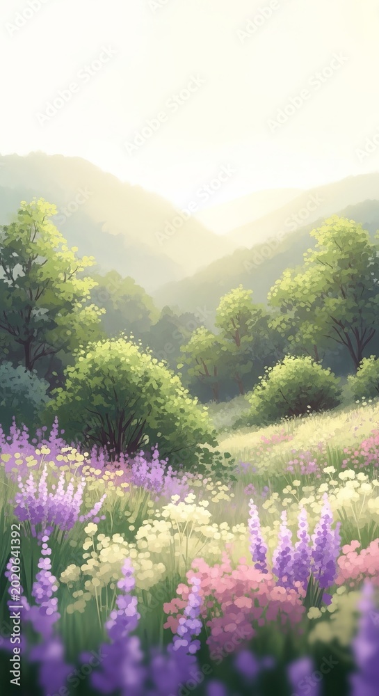 Fototapeta premium Serene Meadow Landscape with Wildflowers and Rolling Hills at Sunrise.