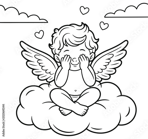 Quadro su tela Cute angel cupid illustration sitting on clouds, representing love, romance, innocence, Valentine themes, heavenly symbolism, adorable baby angel art, and romantic celebration concepts