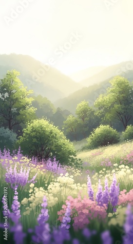 Serene Meadow Landscape with Wildflowers and Rolling Hills at Sunrise.