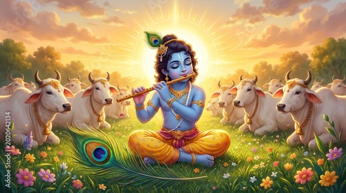 Lord krishna flute cows hindu god hinduism divine spirituality mythology art