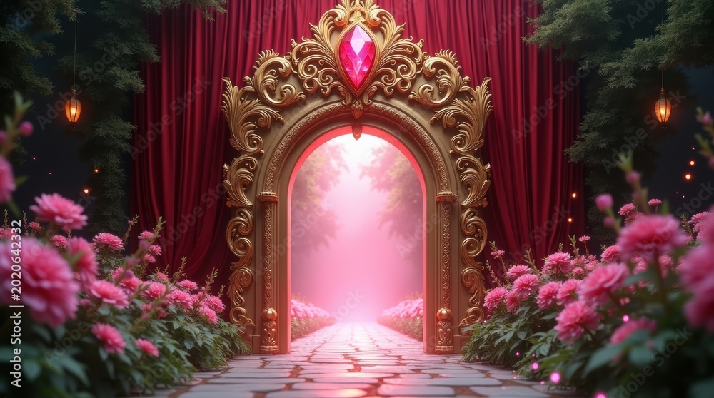 Fototapeta premium A grand golden archway with a glowing light entrance surrounded by beautiful pink flowers in a dark magical garden setting with red velvet drapes