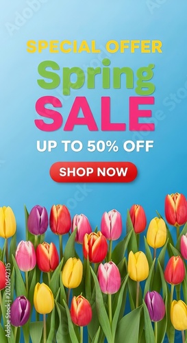 Spring Sale Special Offer Up to 50 Off with Colorful Tulips.