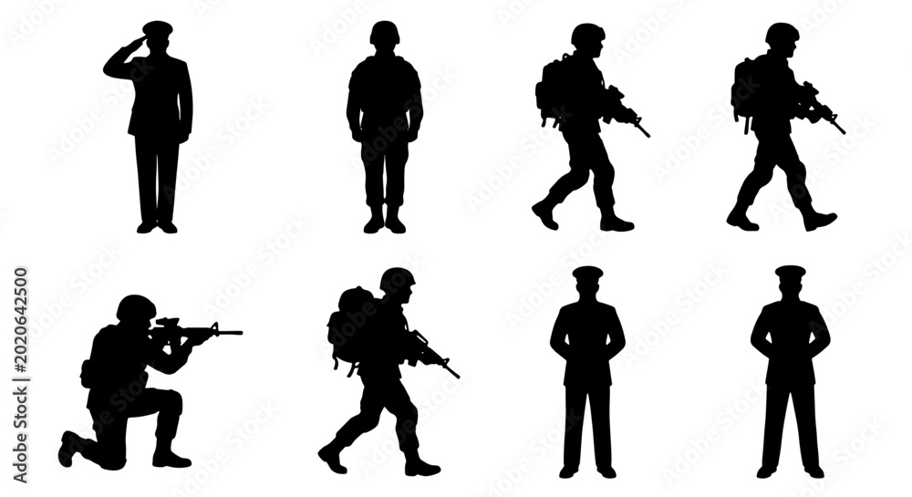 Εκτύπωση καμβά Collection of soldier silhouettes in various poses, military action and standing