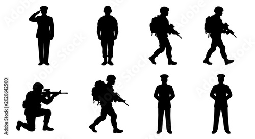 Photos Collection of soldier silhouettes in various poses, military action and standing