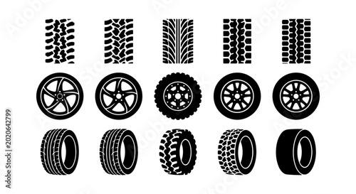 Photos Collection of car tire treads and wheels, black and white icons Vector