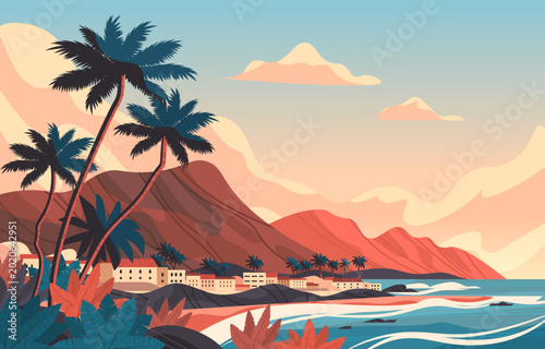 Canary Islands landscape tropical beach mountains palm trees ocean coastal village sunset pastel colors scenic nature travel destination