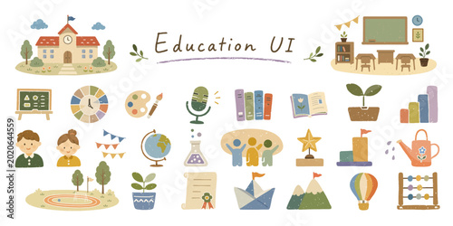 教育用UIアイコンセット、学校と学習モチーフのナチュラルイラスト／Education UI icons, School, Learning, Natural illustration