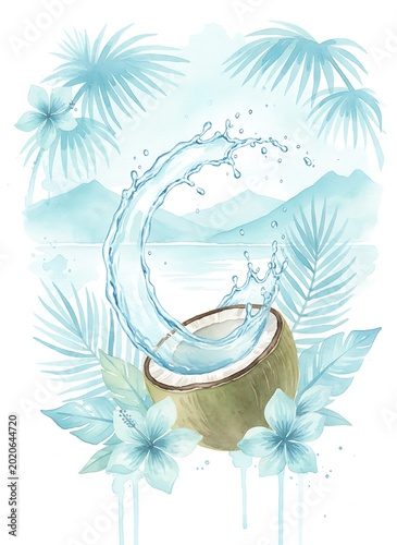 Watercolor illustration of fresh coconut with splash of water and tropical palm leaves on white background for summer theme