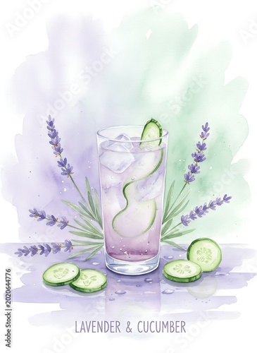 Refreshing lavender cucumber infused water with ice cubes and fresh garnishes watercolor illustration