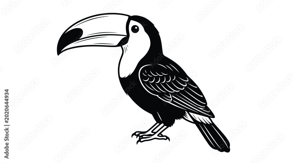 Fototapeta premium Vintage Black and White Toucan Bird Illustration Isolated on Light Background Tropical Wildlife Engraving Style Artwork