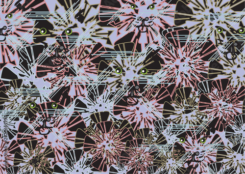 Textural backdrop created by cat heads and floral elements. Dark ptintable background for wallpapers, business concepts, covers, greeting cards, interiors, tiles, posters, fashion trends, etc. Vector