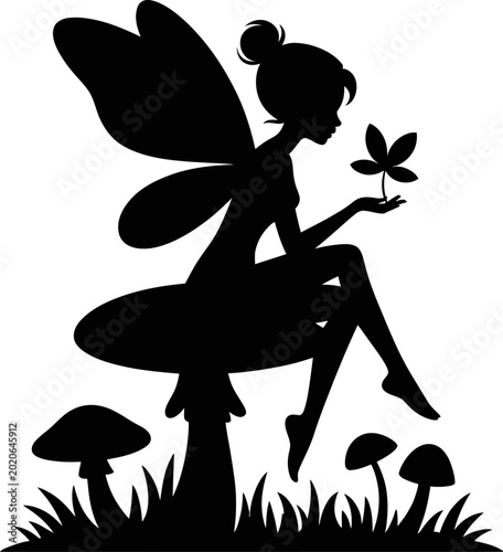 Black silhouette of fairy sitting on mushroom holding leaf