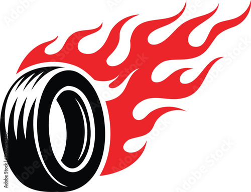 Obraz na płótnie Tire with red flames coming out of it for racing or burning rubber concept  fast