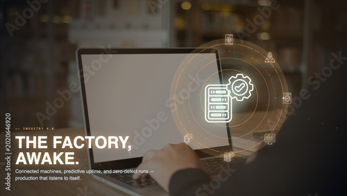 industrial automation smart factory hand using laptop computer interface digital technology manufacturing system engineer production control connected machines
