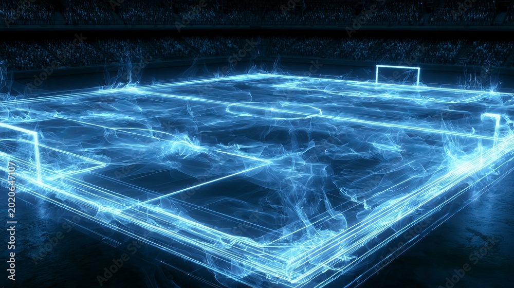 Fototapeta premium A futuristic digital soccer field with glowing blue lines and a dark background