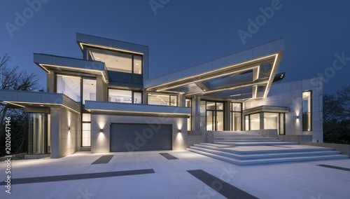 Contemporary architectural residence with geometric glass facade and warm exterior lighting at twilight for high-end real estate branding