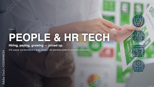 business professional presenting human resources technology HR tech software system infographic explaining employee management payroll learning development