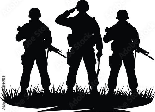 Fotografia Army soldiers silhouettes standing on grass field in formation salute