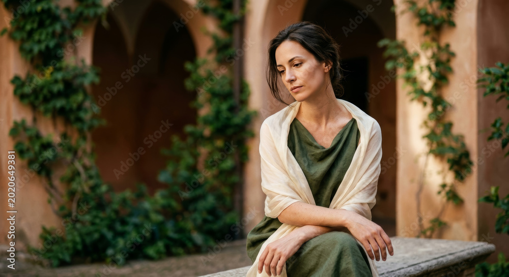 Naklejka premium Woman sits quietly, draped in soft, earthy tones