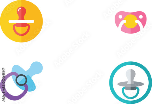 Fotografie Baby pacifier icons set with colorful soother symbols for infant care, childcare