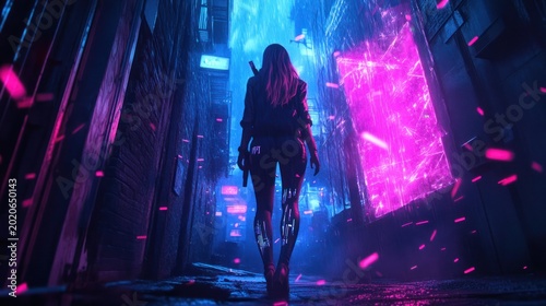 Woman walking through neon lit alley at night futuristic city