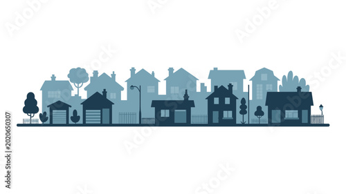 Suburban Street Silhouette, Small City Houses Seamless Housing Vector Illustration
