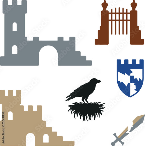 Foto Set of medieval and fantasy including castle, gate, shield, raven, and broken sw