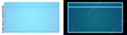 Fotografia Glowing cyan neon glowing rectangular window frame with header bar on transparen