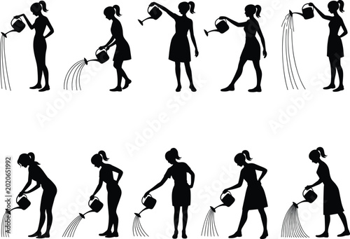 Obraz na plátně Set of black silhouettes showing a woman in a dress watering plants with a water