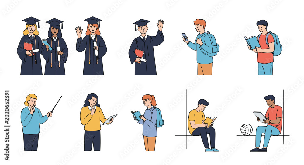 Fototapeta premium Diverse group of students is shown in various academic situations including graduation ceremonies and individual study sessions with books.