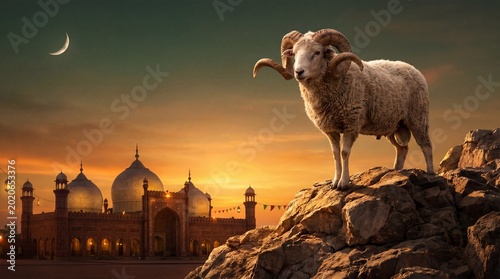 Majestic Ram Standing on Rocky Cliff with Mosque at Golden Sunset Eid Ul Adha Mubarak